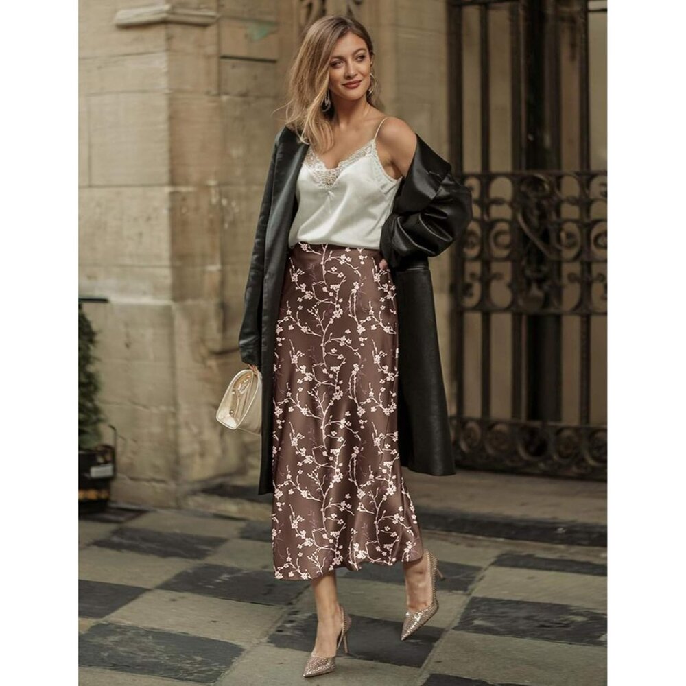 Womens Brown & Tan Satin Fabric Elegant Breathable High Waist Pull On Midi Skirt - Picture 2 of 5